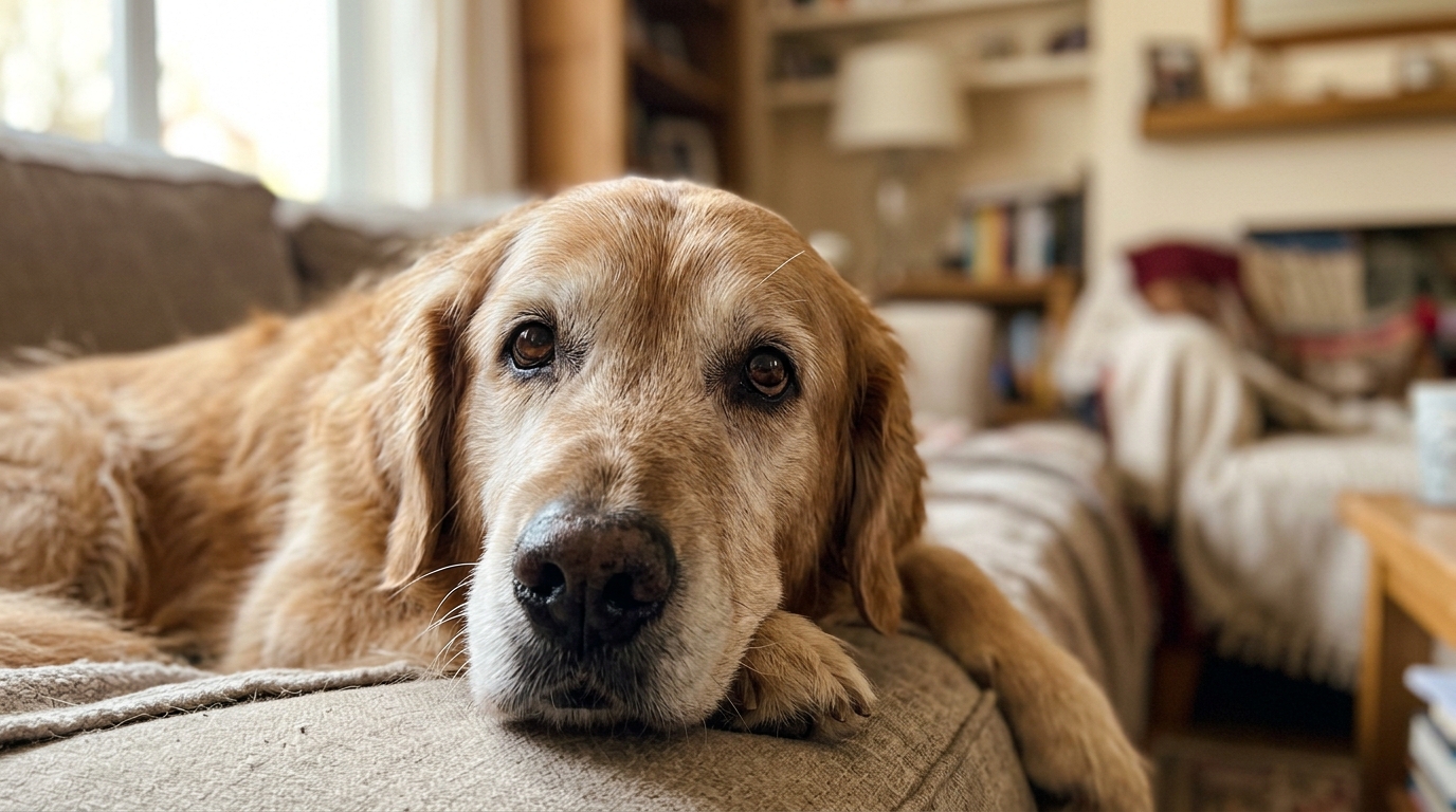 Senior dog with gentle tired eyes