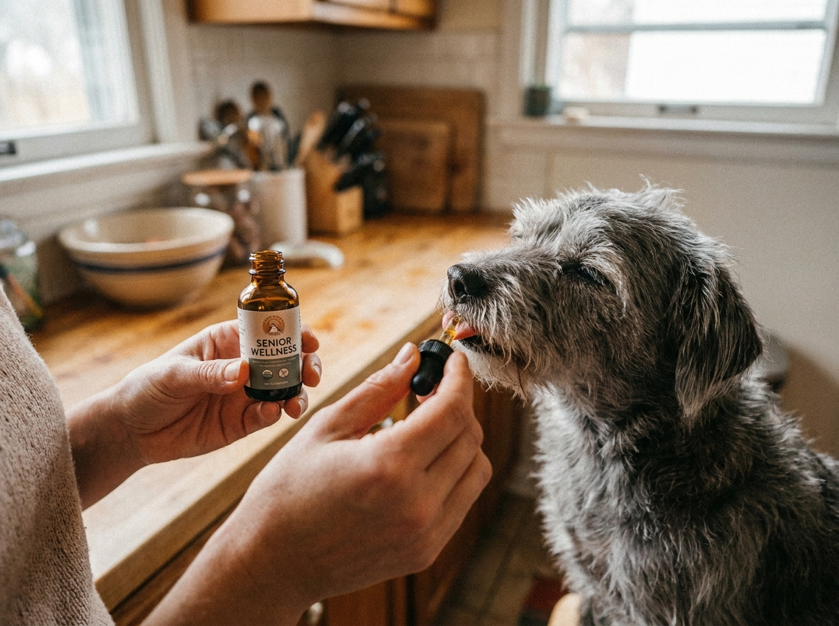 Owner giving Pawprint Protocol drops to senior dog